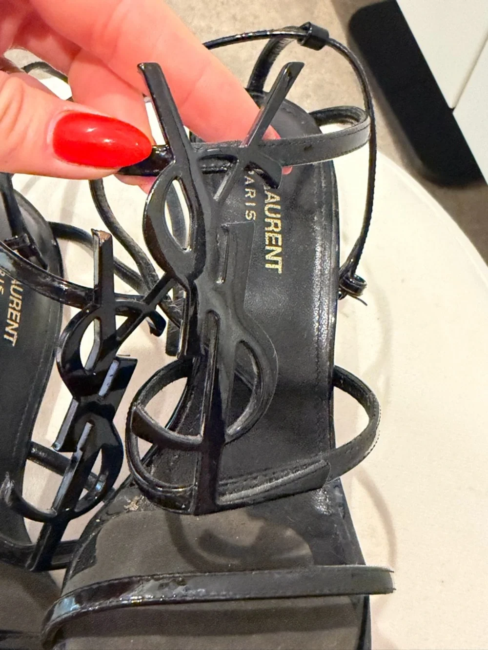 Saint Laurent Black Patent Leather YSL Logo Strappy Heels - Picture 6 of 7